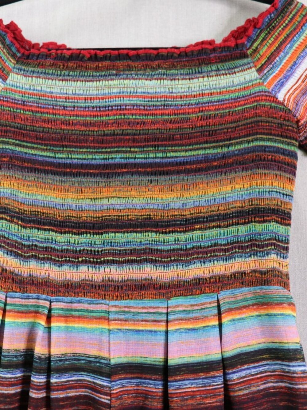Nicole Miller Off The Shoulder Smocked Striped Romper Beaded Fringe Size 8 Lined - Picture 4 of 13